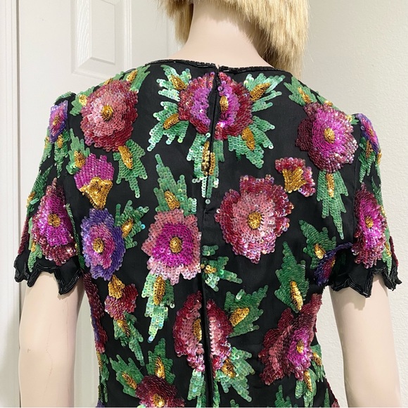 Vintage Laurence Kazar Heavily Beaded Sequin Floral Blouse Size M - Picture 6 of 16